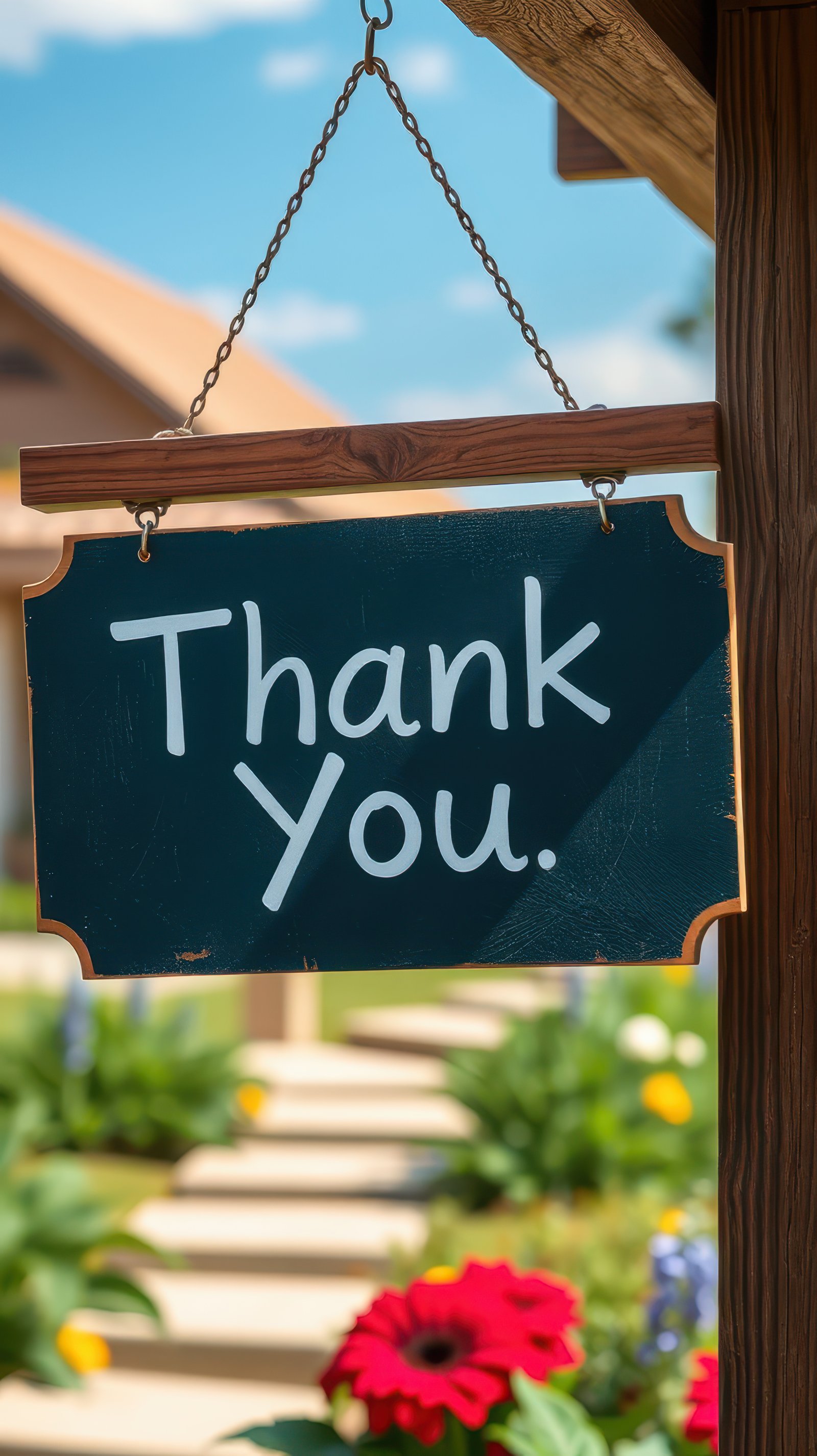 Appreciation sign hanging in a garden setting on a sunny day surrounded by colorful flowers